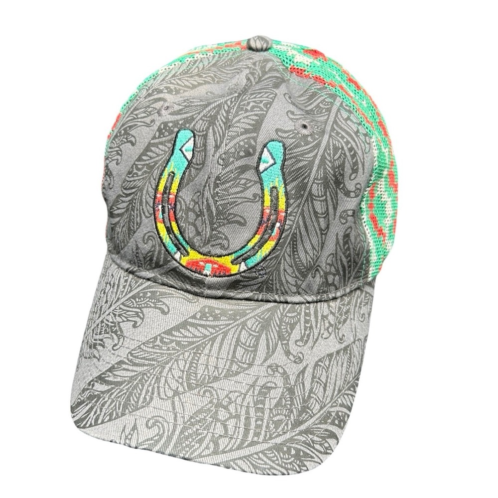 CSI Grey Feather Paisley Horseshoe Embroidered Mesh Back Trucker Hat Adjustable‎